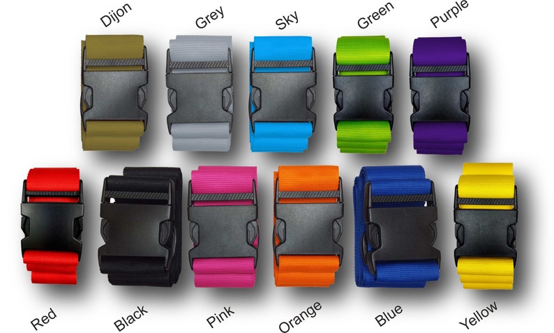 The image displays a variety of luggage straps with buckles. Each strap is a different colour