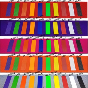 collection of luggage straps laid out in rows, each in a different vibrant colour with a variety of coloured printed  stripes .  straps demonstrates the customization options available for personalized luggage identification.