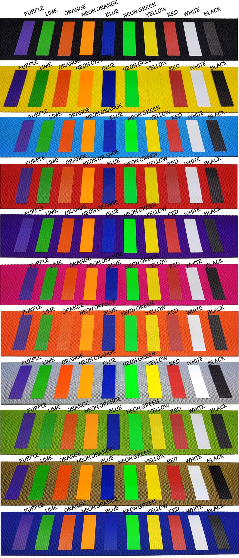 collection of luggage straps laid out in rows, each in a different vibrant colour with a variety of coloured printed  stripes .  straps demonstrates the customization options available for personalized luggage identification.