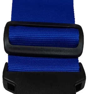 The image features a blue-coloured strap with a black plastic buckle, typically used for securing items like luggage.