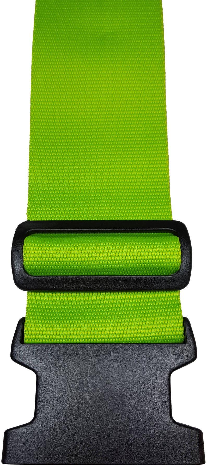 The image features a green -coloured strap with a black plastic buckle, typically used for securing items like luggage.