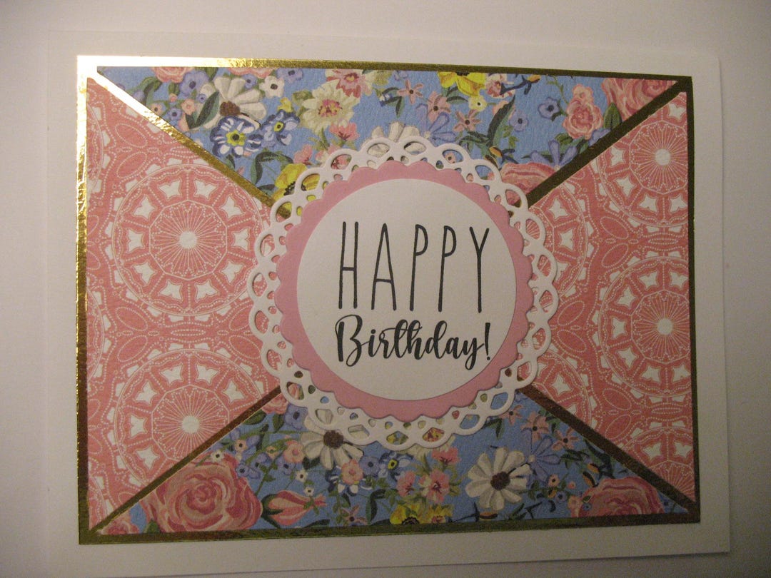Pink and Blue Floral Happy Birthday Card, White Doily, Gold Foil - Etsy