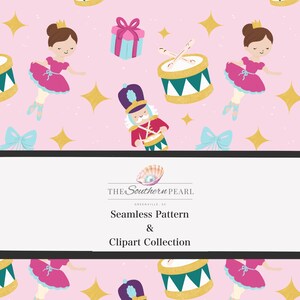 Può includere: Un motivo continuo con ballerine in abiti rosa, schiaccianoci, tamburi con bacchette, regali e fiocchi azzurri su sfondo rosa chiaro con stelle dorate. Il testo recita THE SOUTHERN PEARL Seamless Pattern & Clipart Collection.