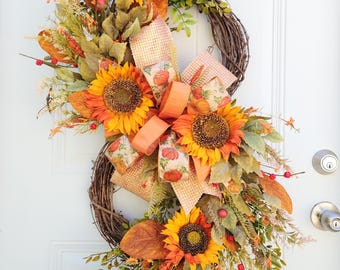Sunflower Fall Grapevine Wreath, Orange Autumn Decor, Thanksgiving Wreath