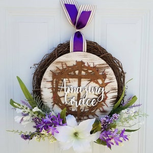 Easter floral wreath front door decor, Amazing Grace Easter lilies wall decor, religious Christian cross crown thorns wreath for porch