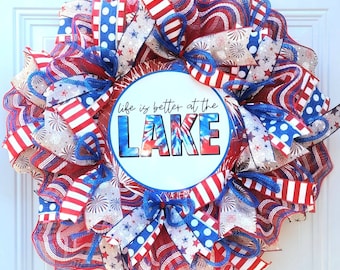Patriotic Lakehouse wreath for any USA holiday, everyday America front door patio lake decor, 4th of July decoration,Independence Day Wreath