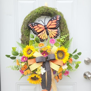 Sunflower Butterfly Wreath for spring or summer door decor, housewarming gift, Mother&#39;s Day gift, Floral moss wreath for front door