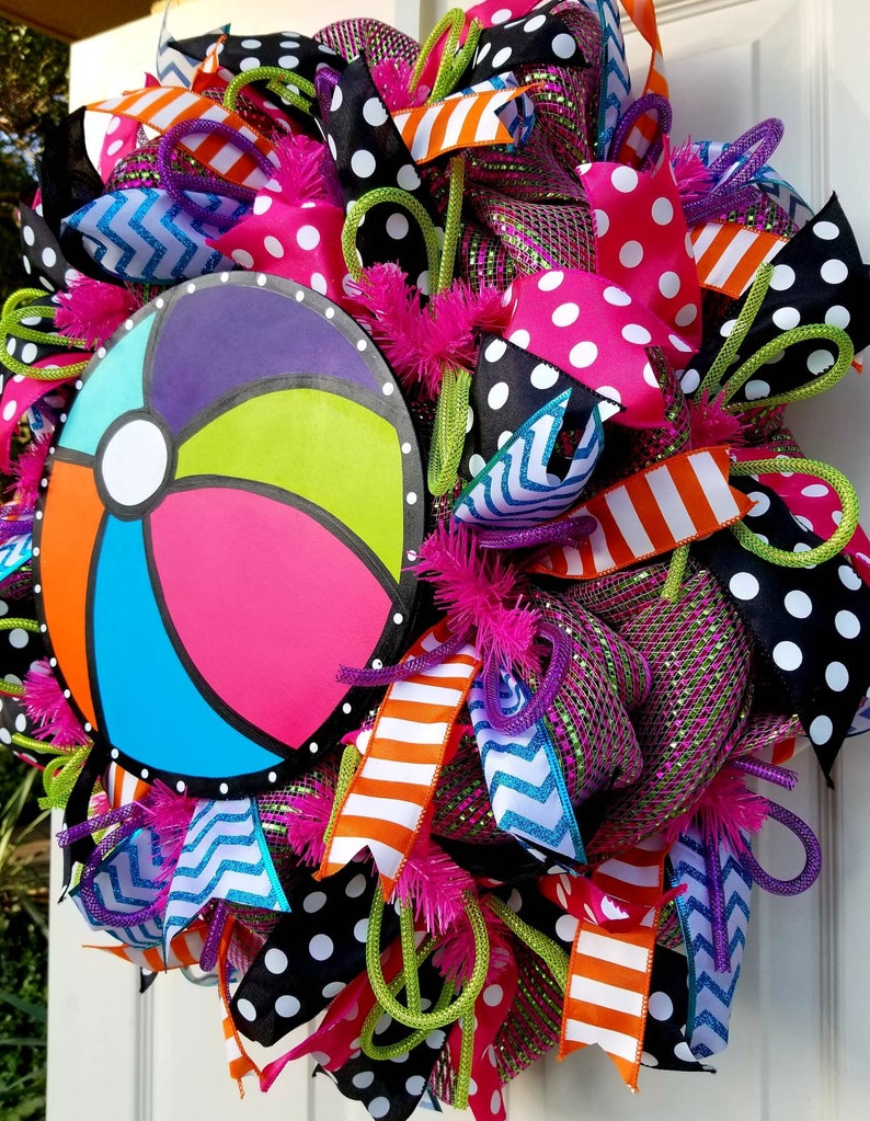 Beach ball wreath for vacation home front porch colorful Etsy