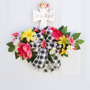 Easter cross wreath decor, Cross front door decor, He is Risen Easter decor, religious Christian wreath rail for Easter front porch