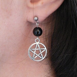 Pentacle and Black Onyx Earrings Silver-plated Hook Wicca Pagan Birthday Gift 