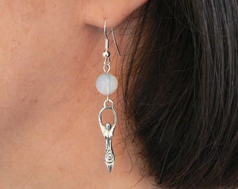 Mother goddess and opalite moonstone earrings on silver-plated fishhooks. Handmade Pagan earrings for Sabbat. Imbolc. Birthday gift for her.