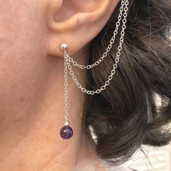 Amethyst and sterling silver ear cuff with sterling silver chain and 6mm Amethyst gemstone bead. February birthstone birthday gift for her.