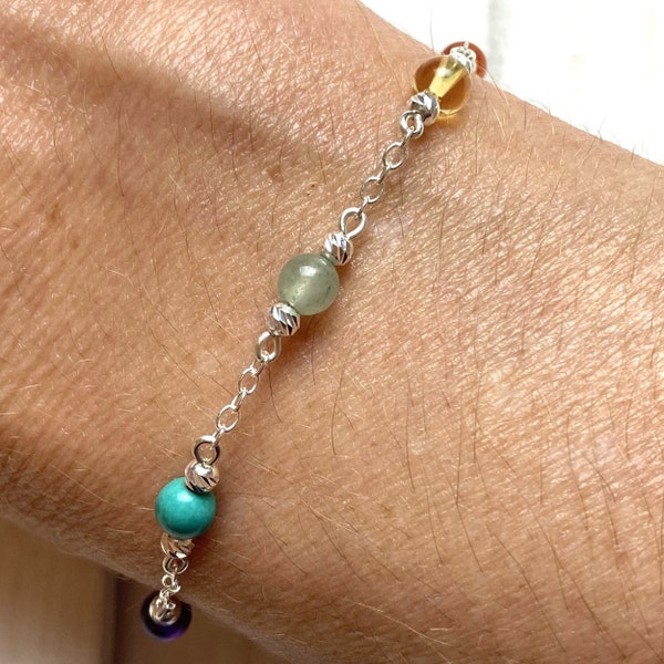 Chakra gemstone & sterling silver bracelet with gemstone and silver beads on a delicate silver chain. Reiki, yoga, healing gift for her
