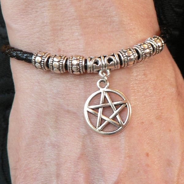 Pentacle bracelet with braided black leather thong. Silver-plated clasp and extender chain. Pagan Wicca Imbolc. Pentagram. Birthday Gift
