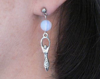 Mother Goddess and Opalite Moonstone earrings with hypo-allergenic studs. Handmade Pagan earrings. Imbolc gift.