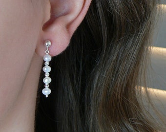 Freshwater pearls and sterling silver beaded earrings on sterling silver studs. June birthstone. White wedding and birthday gift for her.