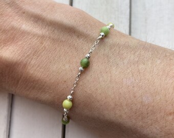Chrysoprase and sterling silver bracelet. May birthstone. Green chrysoprase and silver beads on a delicate silver chain. Birthday gift.