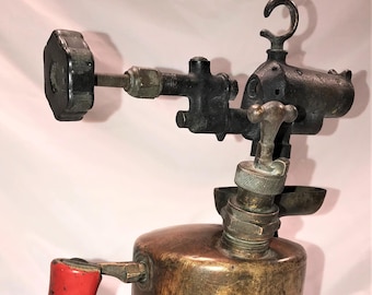 Antique 1920's Clayton & Lambert Mfg Co 7678 Blowtorch with Red Wood Handle and Engraved Shield "Trade-Mark Dearborn, Mich" - Unique Find!