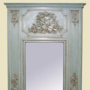 Blue polychrome Louis XVI trumeau, chabby chic fireplace mirror. Genuine identical reproduction of a chabby chic fireplace trumeau