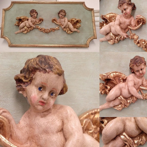 Cherub Plaque. Vintage Louis XVI Wood Carving Decor. Baby Angels all Sculpture, Unique Wood Paneling, Antique French Decor for homes