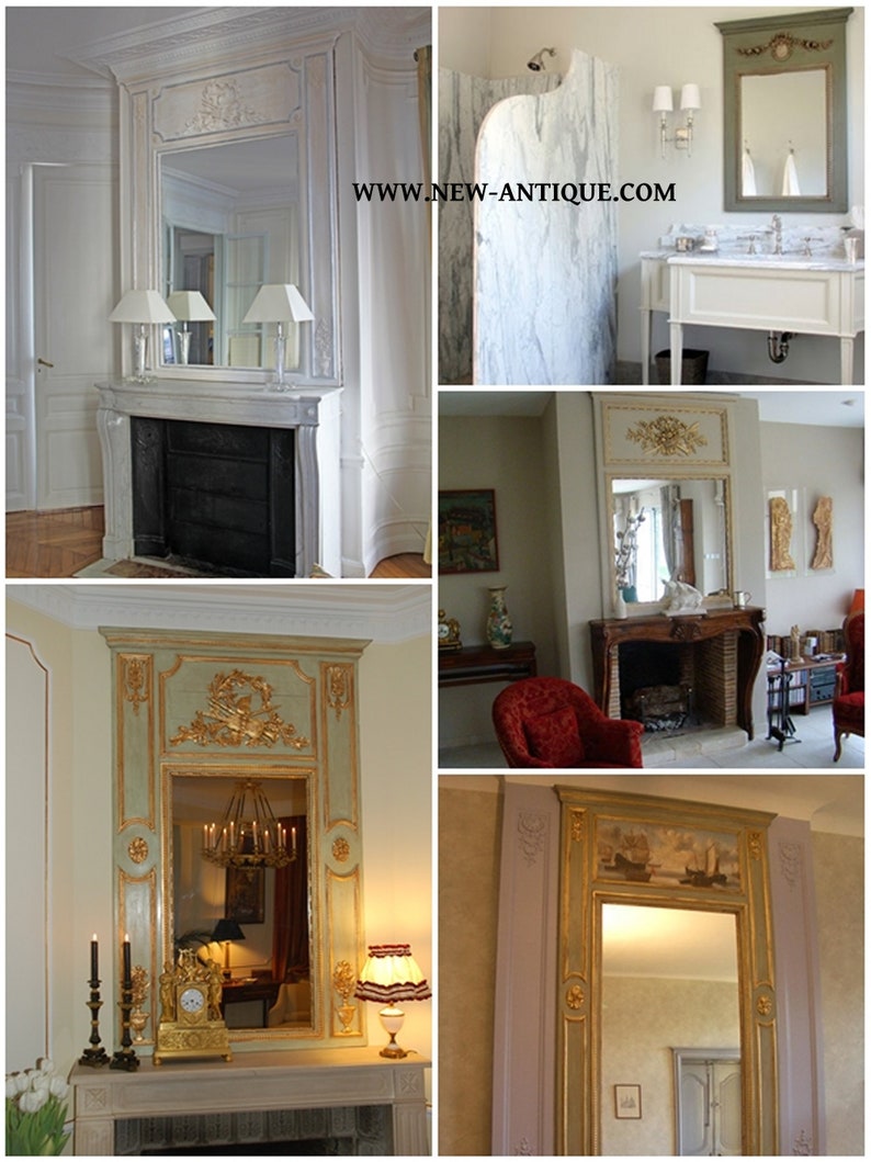 May include: A selection of antique mirrors with decorative gold and pastel frames. Some mirrors are positioned above fireplaces, others in bathrooms. The website address "WWW.NEW-ANTIQUE.COM" is visible in the image.