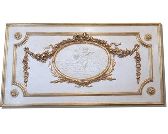 Panel decorativo NAPOLEON III puerta, panel madera puerta, Frontón arriba de puerta con medallón de ángeles