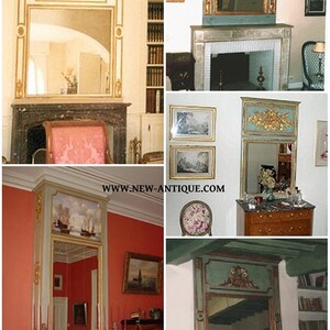 May include: Collection of antique mirrors with ornate gold frames. Some mirrors have a painted top panel with a nautical scene. Others feature decorative gold accents. The mirrors are displayed in various rooms.