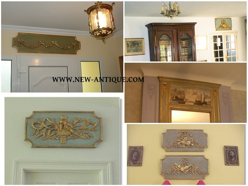 May include: A selection of antique wall decorations. The decorations feature ornate gold-coloured relief designs on rectangular panels. The panels have a light blue or green background and are framed with gold trim. Some panels feature floral or cherub motifs.