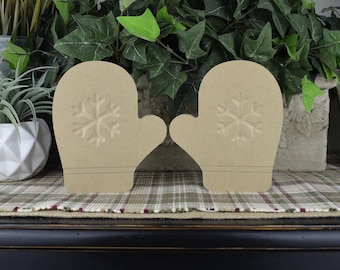 Mitten Wood Cutouts- Unfinished DIY Winter Craft- Free Standing- Gloves with Snowflakes-  Winter Tiered Tray Decor