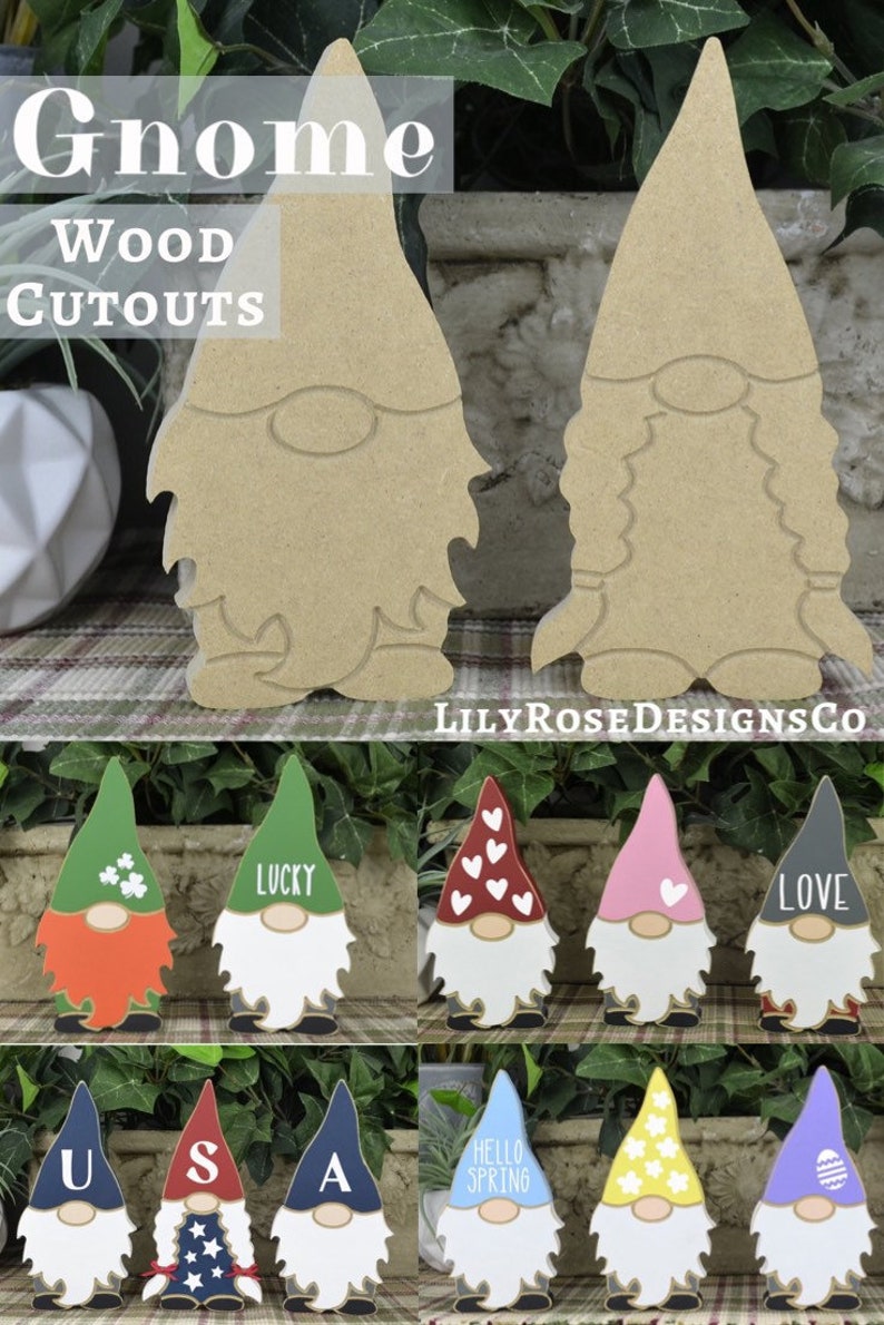 May include: Wooden gnome cutouts in various designs. The top row features two unfinished gnomes. The bottom rows display painted gnomes with different colored hats, beards, and text, including "Lucky," "Love," and "Hello Spring."