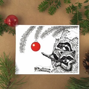 Weihnachtskarten | Feder und Tusche | Tiere mit roter Verzierung - Waschbären | A2 Grußkarte