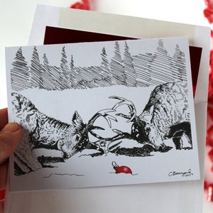 Cartoline di Natale / Penna e inchiostro / Animali con ornamento rosso - Cervo / Biglietto per appunti A2