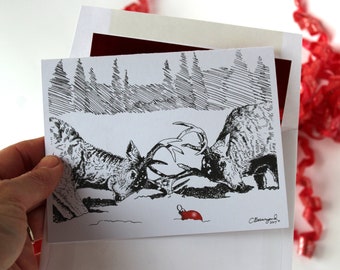 Christmas Cards | Pen and Ink | Animals with Red Ornament - Deer | A2 Note Card