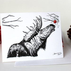 Cartes de Noël | Stylo et encre | Animaux avec ornement rouge - Orignal | Carte pour correspondance A2