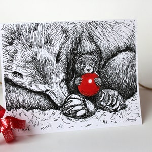 Weihnachtskarten | Feder und Tusche | Tiere mit roter Verzierung - Bären | A2 Grußkarte