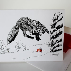 Cartes de Noël | Stylo et encre | Animaux avec ornement rouge - Renard | Carte pour correspondance A2