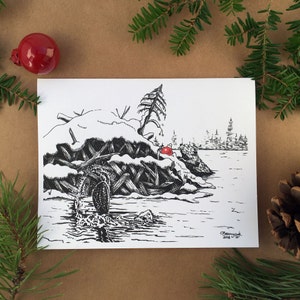 Weihnachtskarten | Feder und Tinte | Tiere mit rotem Ornament - Biber | A2 Notizkarte
