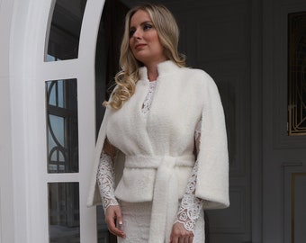 Bridal coat, Bridal Jacket for Winter Wedding dress, Cropped Faux Fur Wedding Coat Jacket, Wool Material like Fur Mink, Nika