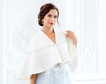 Ivory Wool Boucle Bridal Cape: Embroidered Winter Wedding Jacket for Bride
