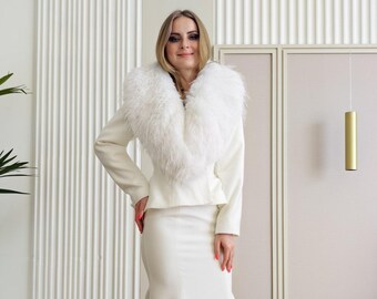 Ivory Wool Boucle Bridal Jacket: Faux Fur Winter Wedding Coat