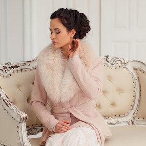 Bridal Jacket for Winter Wedding Dress, Fur Wedding Coat for Bride, Blush Pink Bridal Coat with Fur Collar, Kamilla