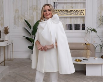 Milk White Wedding Cape Coat: Bridal Jacket with Bow