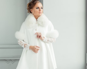 Bridal Coat with Arctic Fox Fur Trim - Winter Wedding Jacket