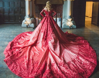 Long Sleeve Red Wedding Dress