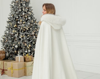 Winter Wedding Cape Coat Ivory, Bridal Jacket, Floor Length Faux Fur Cloak for Winter Wedding Dress, Gerda 2