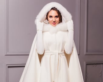 Winter Wedding Cape Coat Ivory, Bridal Jacket for Bride, Floor Length Faux Fur Cloak for Winter Wedding Dress, Gerda