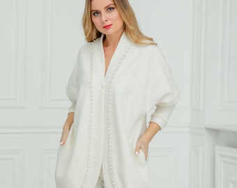 Embroidered Wool Boucle Bridal Jacket: Ivory Wedding Coat for Bride