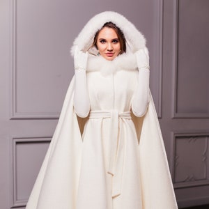 Winter Wedding Cape Coat Ivory, Bridal Jacket for Bride, Floor Length Faux Fur Cloak for Winter Wedding Dress, Gerda