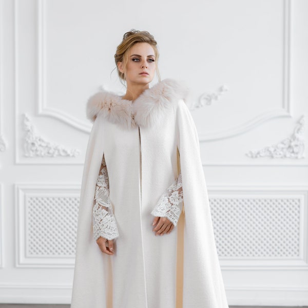 Wedding Cape Coat for Winter Wedding Dress, Fur Bridal Jacket for Bride, Floor Length Cloak with Fur, Ivory Wedding Coat, Gerda