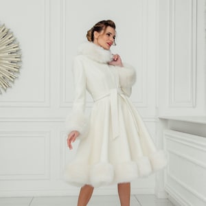 Abrigo de boda de lana bouclé color marfil: Chaqueta nupcial de invierno para bodas